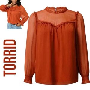 NWT Torrid Crinkle Chiffon Ruffle Blouson Blouse Sheer Long Sleeve Women’s 2 2X